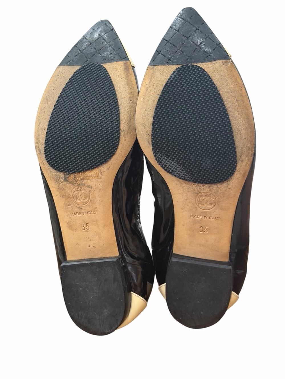 CHANEL Black Patent Leather Beige Cap Toe Ballet Flats Shoes Size 35 - Picture 10 of 16